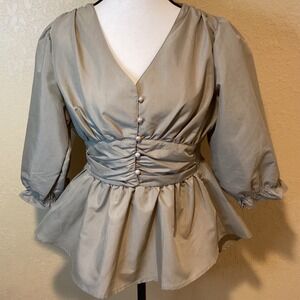Fifth Beige Peplum Top, Size Medium, Cinched waist, V-Neck, 3/4‎ puff sleeves